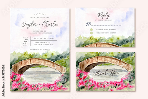 wedding invitation set with a lake bridge and floral garden watercolor landscape