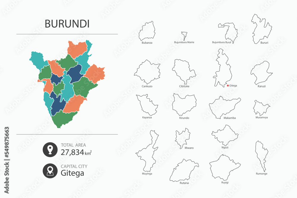 Naklejka premium Map of Burundi with detailed country map. Map elements of cities, total areas and capital.