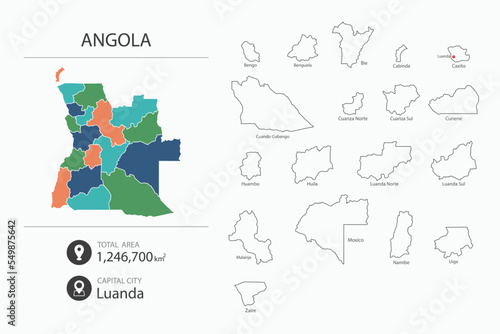 Map of Angola with detailed country map. Map elements of cities, total areas and capital.