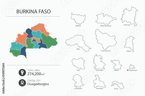 Map of Burkina Faso with detailed country map. Map elements of cities  total areas and capital.