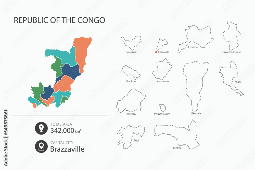 Naklejka premium Map of Republic of the Congo with detailed country map. Map elements of cities, total areas and capital.