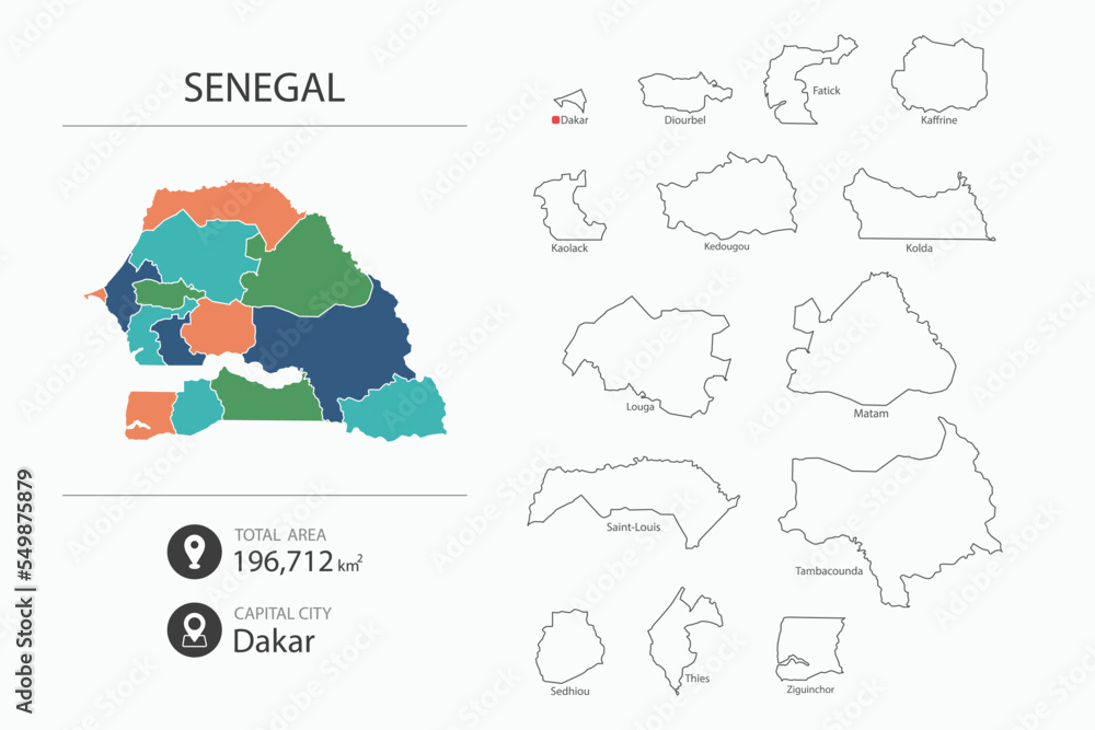 Map of Senegal with detailed country map. Map elements of cities, total areas and capital.