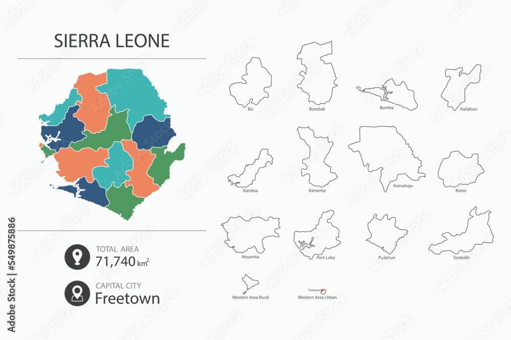Fototapeta premium Map of Sierra Leone with detailed country map. Map elements of cities, total areas and capital.