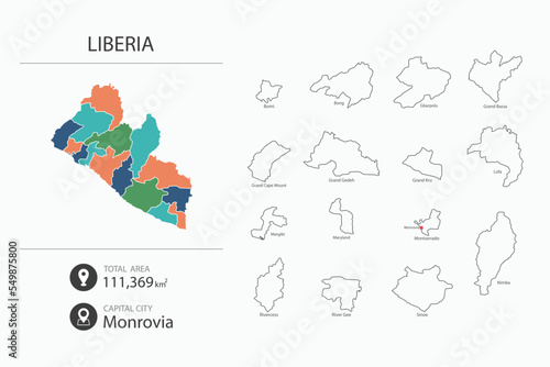 Map of Liberia with detailed country map. Map elements of cities  total areas and capital.