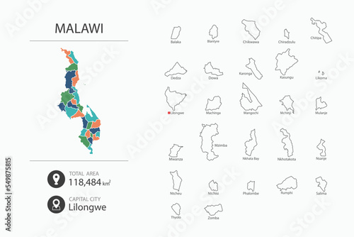 Map of Malawi with detailed country map. Map elements of cities, total areas and capital.