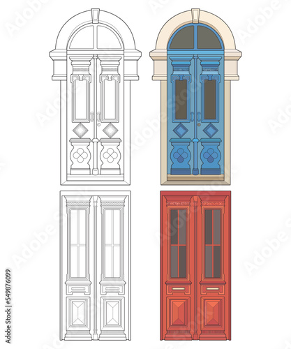 Set of old door vector art.  Old door isolated on white background. old door in line art style vector. for coloring book