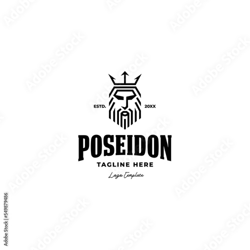 line art poseidon king with trident crown logo icon vector template