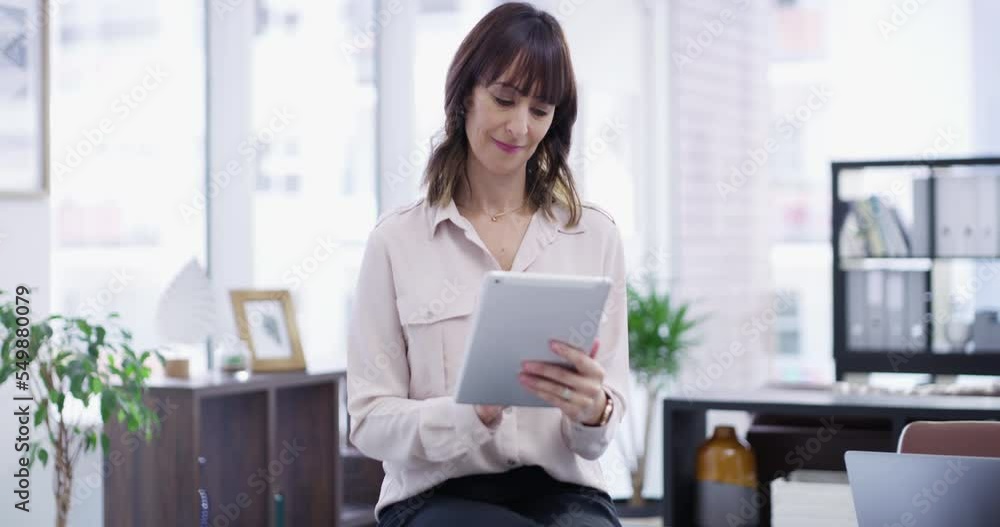 Research, communication and business woman with a tablet, working and networking on the internet. Connection, corporate and employee, ceo or manager typing on technology for company strategy Research, communication and business woman with a tablet, working and networking on the internet. Connection, corporate and employee, ceo or manager typing on technology for company strategy