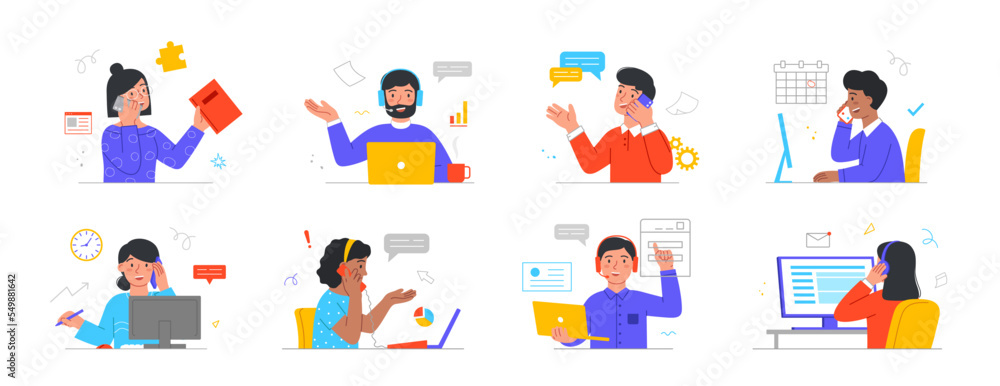 Set of People during work calls. Male and female entrepreneurs conduct business conversation with partners. Customer service operators solve problems. Cartoon flat vector collection isolated on white Set of People during work calls. Male and female entrepreneurs conduct business conversation with partners. Customer service operators solve problems. Cartoon flat vector collection isolated on white