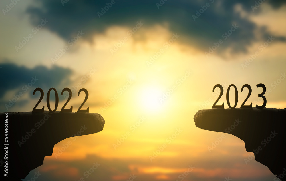 2023 new year concept: silhouette of 2023 with sky for preparation of welcome 2023 New Year party. - obrazy, fototapety, plakaty 