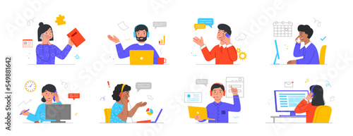 Set of People during work calls. Male and female entrepreneurs conduct business conversation with partners. Customer service operators solve problems. Cartoon flat vector collection isolated on white