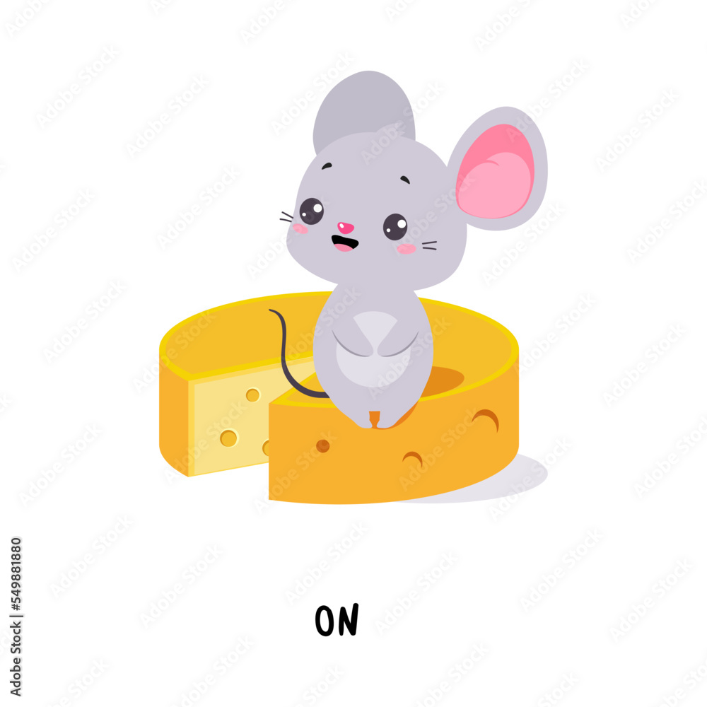 Little Mouse Sitting on Yellow Cheese as English Language Preposition for Educational Activity Vector Illustration Little Mouse Sitting on Yellow Cheese as English Language Preposition for Educational Activity Vector Illustration