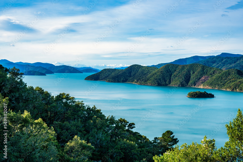 Looking across at the bays and lush coastline in the beautiful' nature of the ocean in the Sounds