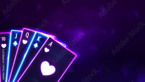 Casino background design with neon playing cards on purple background.