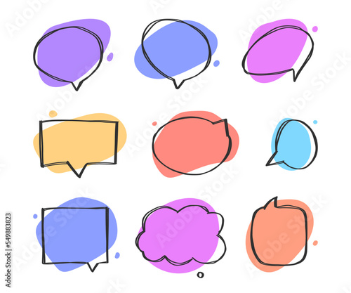 Set of dialog boxes different variants drawn by hand. Vector flat illustrations. Collection pastel color doodle for talk, dialogue, decoration on white background