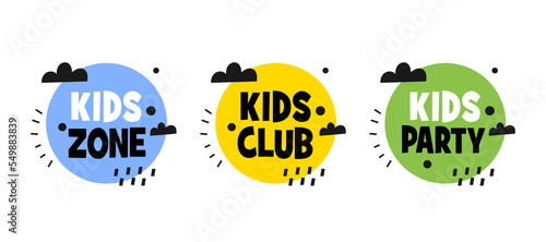Kids Party entertainment text set. Kids, Room, Club and Party vector lettering in cartoon style
