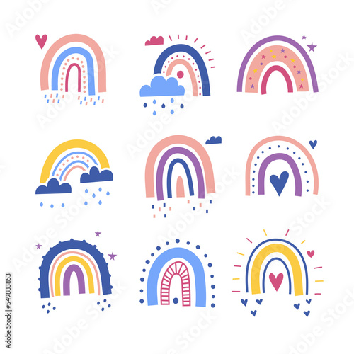 Set of rainbows with hearts, clouds, rain in childish scandinavian style style isolated on white background. Perfect for kids, posters, prints, cards, fabric, children's books.