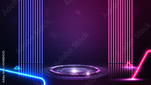 Purple scene with line neon lamps on background, pink digital podium with hologram of digital rings in scene with neon blue and pink triangles around