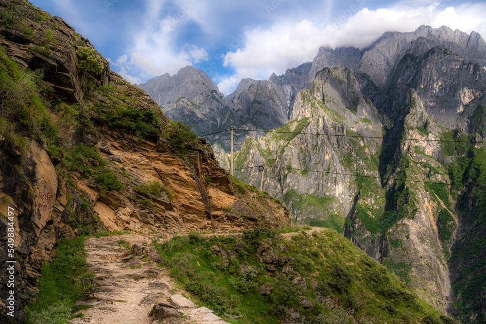 Tiger Leaping Gorge trekking tour in mountains with scenic landscapes and views, horizontal image with copy space for text Tiger Leaping Gorge trekking tour in mountains with scenic landscapes and views, horizontal image with copy space for text