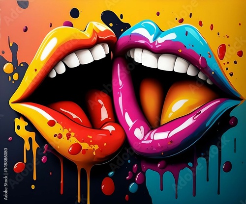 Two Sets of Laughing Colorful Lips in Abstract Dripping Painting | Created using Midjourney ai and Photoshop