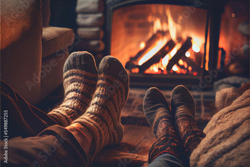 Slika na platnu Couple resting by the Christmas fireplace