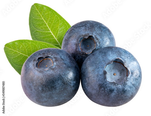 Fotografering Blueberries fruit with leaf on white background, Fresh Blueberry on White Background PNG File