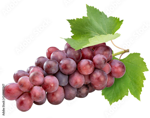 Red grape with leaves on white, Bunch of fresh red juicy grapes on white, With clipping path.