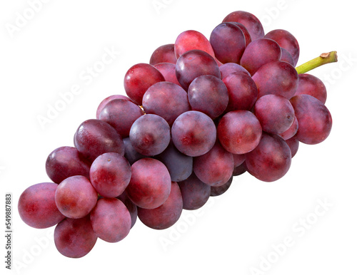 Red grape with leaves on white, Bunch of fresh red juicy grapes on white, With clipping path.