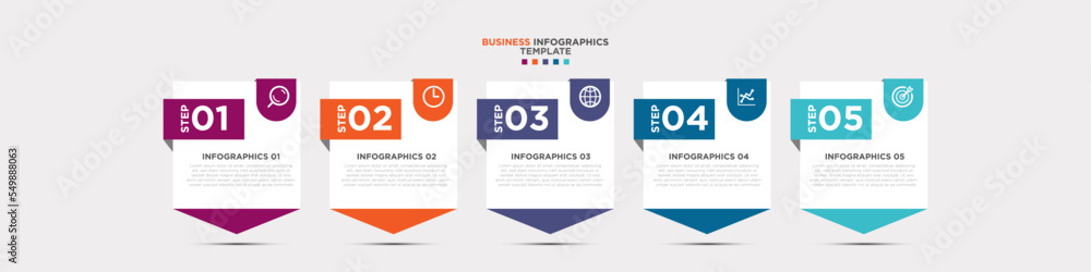 Obraz premium Business infographics timeline design template with 5 step and option information. Premium vector with editable sign or symbol. Eps10 vector