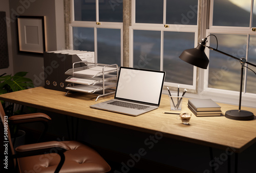 Comfortable minimal office desk workspace with laptop mockup  table lamp and office supplies