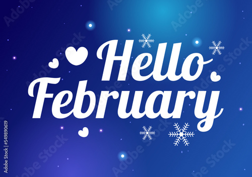 Hello February Month with Flowers, Hearts, Leaves and Cute Lettering for Decoration Background in Flat Cartoon Hand Drawn Templates Illustration © denayune