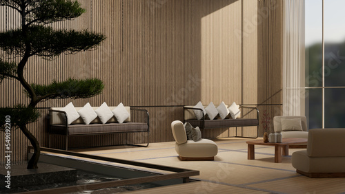 Fototapeta Naklejka Na Ścianę i Meble -  Luxury contemporary zen Japanese hotel lounge with couch, large bonsai tree, wood plank wall
