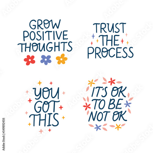Mental health vector lettering quote set. Self care and love isolated phrase illustration isolated on white background. Positive sayings for poster, planner, t shirt print, card.