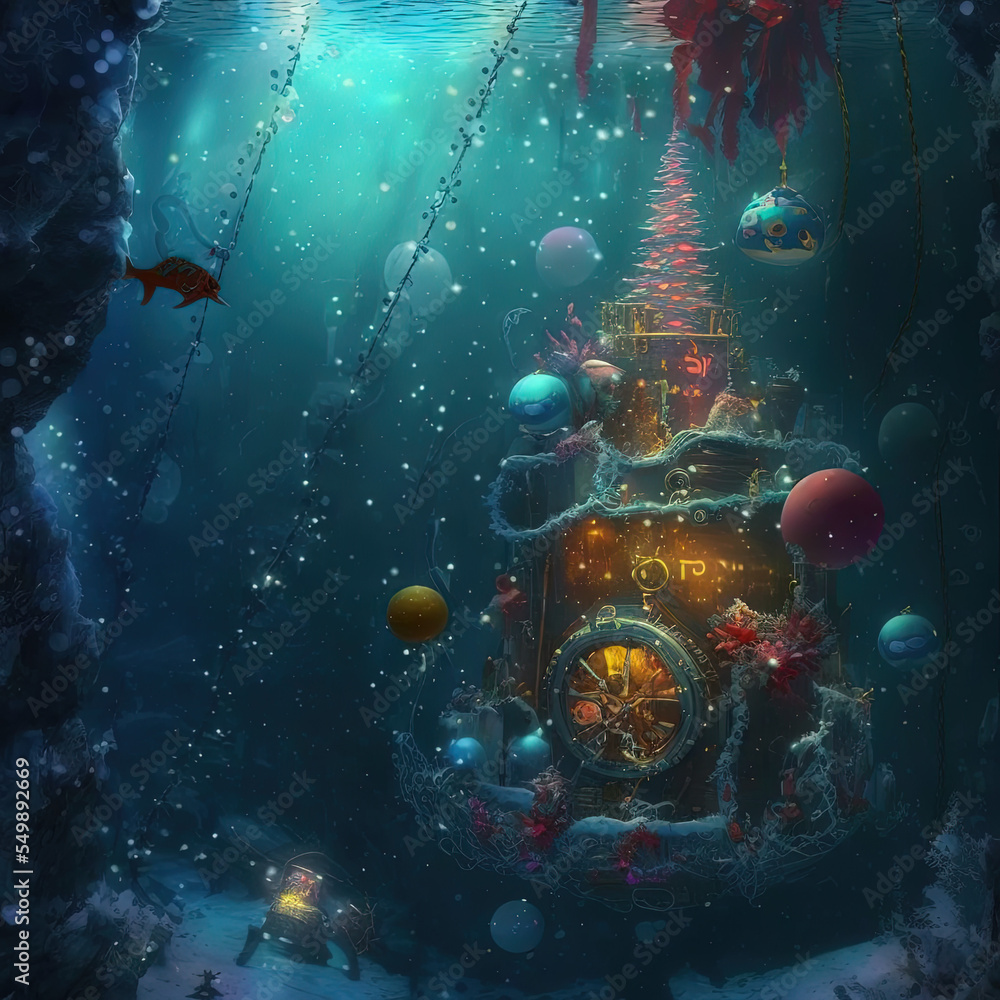 Abstract Underwater Steampunk Submarine House with Christmas Decorations  Stock Illustration