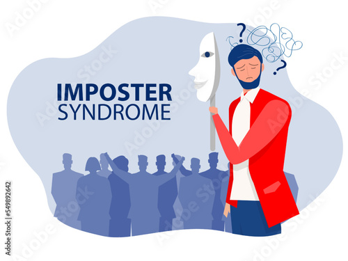 Imposter syndrome.businessman holding a mask self confidence but Anxiety and lack of self confidence at work background; the person fakes is someone else concept