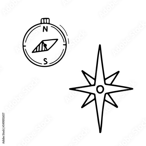 Compass Doodle Line Icon. Simple outline symbol. Wind Rose Sign of Direction and Navigation. Vector illustration isolated on white