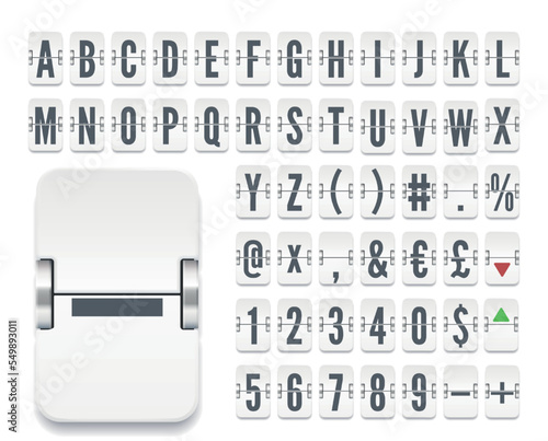 White Retro airline flip board alphabet to display stock exchange rates or departure data. Narrow airport terminal mechanical scoreboard font for flight destination or financial info. Vector