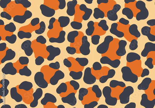 Hand-drawn flat leopard texture by neutral colors vector illustration. Cartoon animal seamless pattern by orange, yellow and grey colors. Flat wild animal texture for home decor and clothes