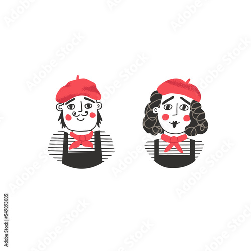 Mime actors. Woman and man wearing pantomime costumes. French culture concept. Parisian aesthetic and vibe. Vector hand drawn illustration