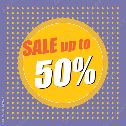 Vector Design sale banner for big sale and a discount with a template color retro. Banner with discount on a graphic retro background with violet square and yellow.