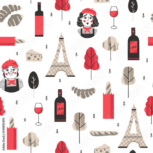 Parisian aesthetic seamless pattern. French lifestyle concept. Hand drawn mime actors, wine and baguette vector illustration in hand drawn style