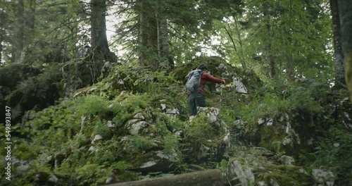 Wallpaper Mural A young hiker climbing up on mossy rocks in the forest helping himself with the hiking poles to climb. Torontodigital.ca