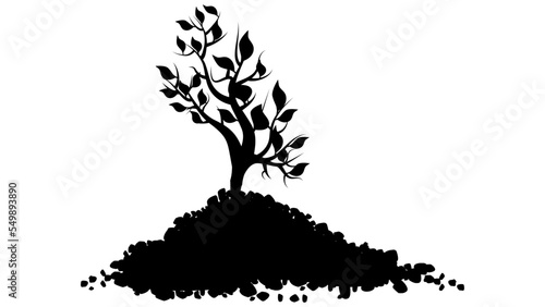Black silhouette of small shoot of tree with leaves in pile of soil isolated on white. Design element.