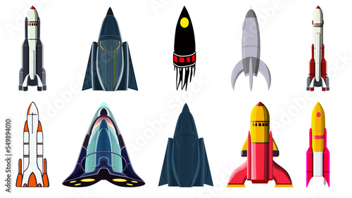 Set of cartoon space rockets isolated on white. Vector.