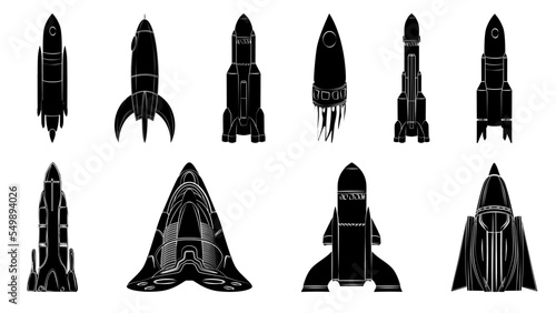 Set of black silhouettes of spaceships isolated on white. Vector.