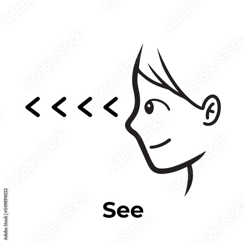 Human face looking or seeing from side direction view vector icon. Pictogram with see themed drawing with simple flat cartoon art style isolated on white background.