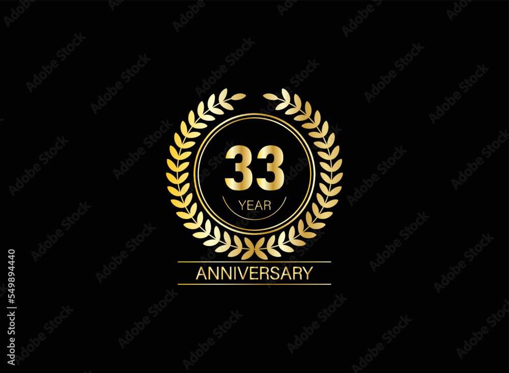Fototapeta premium 33 year anniversary celebration. Anniversary logo with ring and elegance golden color isolated on black background, vector design for celebration.