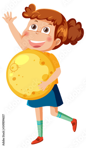 A girl holding moon catoon character