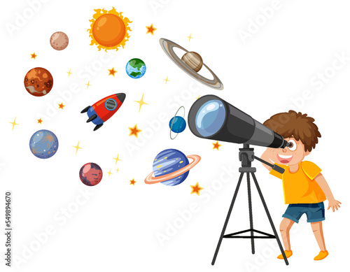 Little boy observing the sky with a telescope