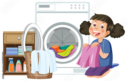 A girl doing laundry with washing machine